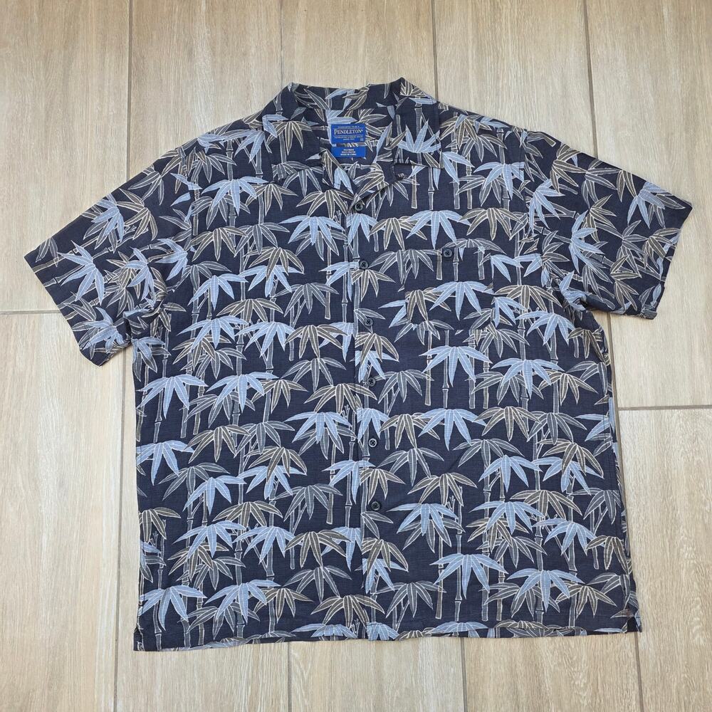 Pendleton Shirt Men XL Slate Blue Bamboo Print 100% Rayon Short Sleeve Button Up